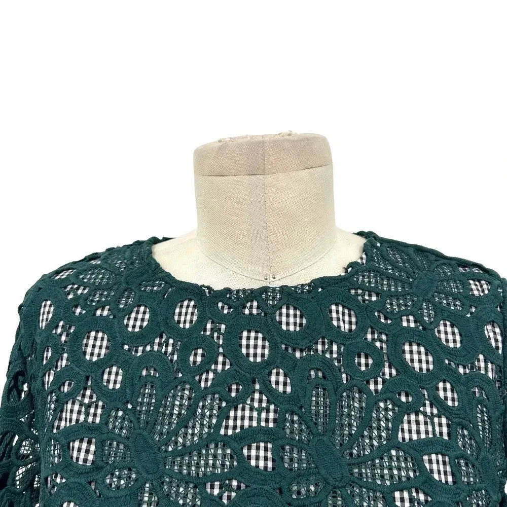 Anthropologie Maeve‎ Gabriella Top Blouse Peplum Gingham Lace Green Size XS